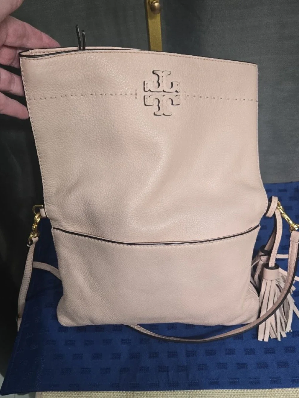 Tory Burch Light Pink McGraw Foldover Pebbled Leather Crossbody with Tassel